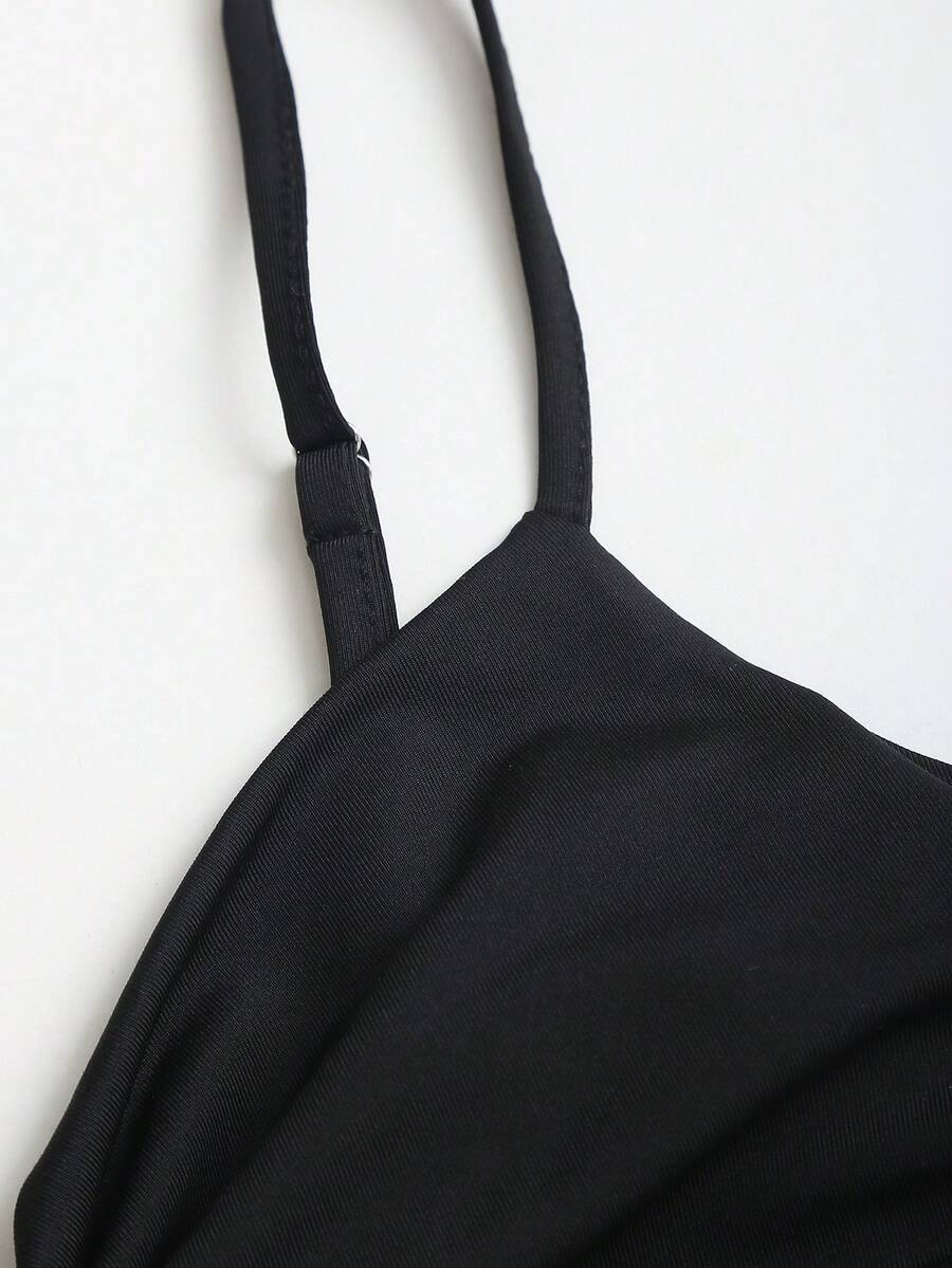 Women's coffee cowl neck cami dress with contrast lace patchwork, spaghetti straps, and an asymmetrical hem.