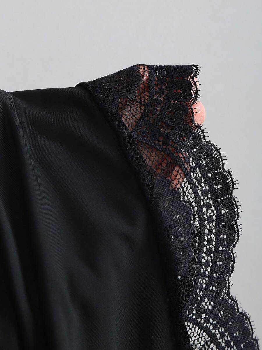 Women's coffee cowl neck cami dress with contrast lace patchwork, spaghetti straps, and an asymmetrical hem.