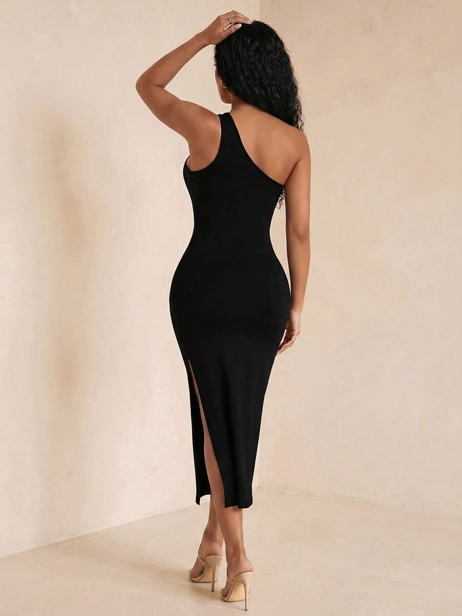 Sleeveless asymmetrical neck bodycon dress featuring cut-out waist detailing and side slit hem for women.