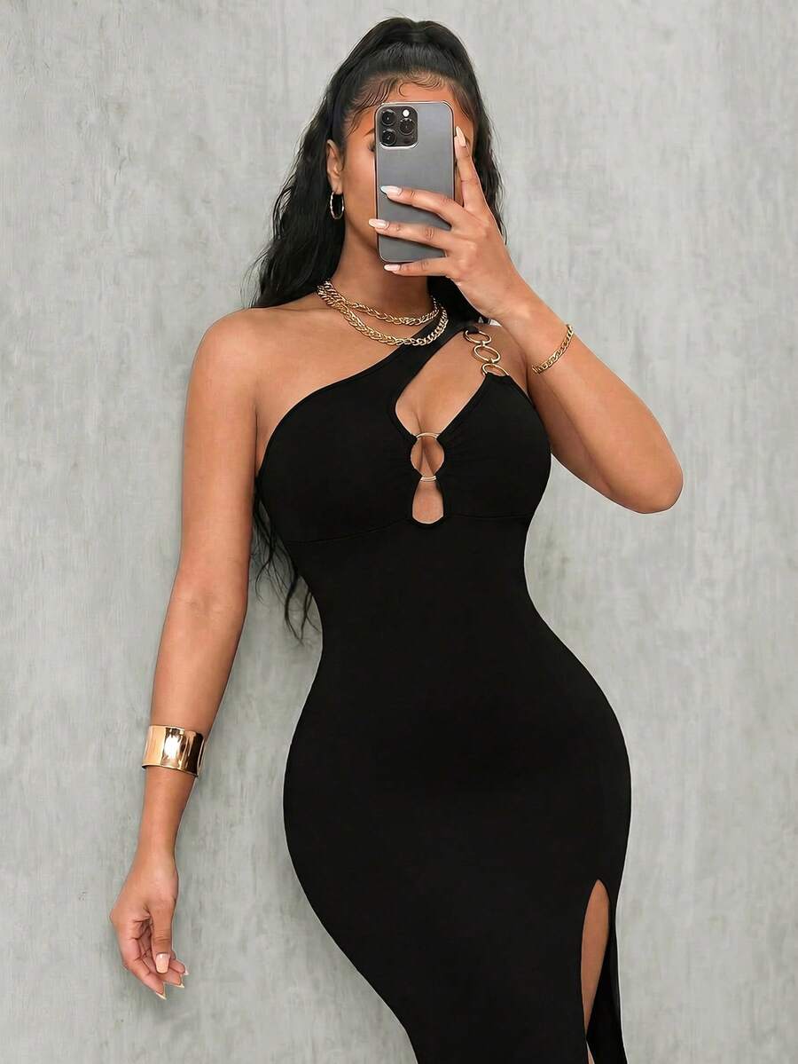Sleeveless asymmetrical neck bodycon dress featuring cut-out waist detailing and side slit hem for women.