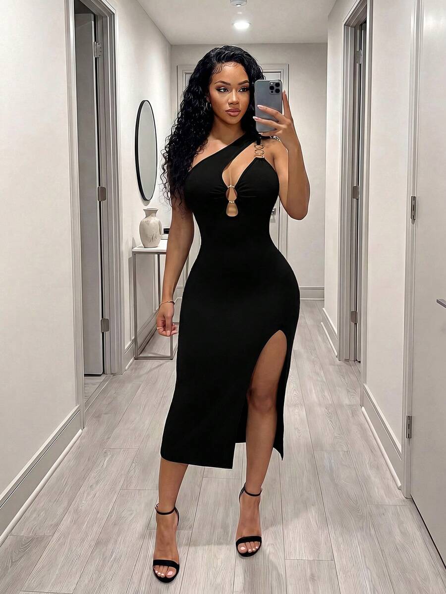 Sleeveless asymmetrical neck bodycon dress featuring cut-out waist detailing and side slit hem for women.