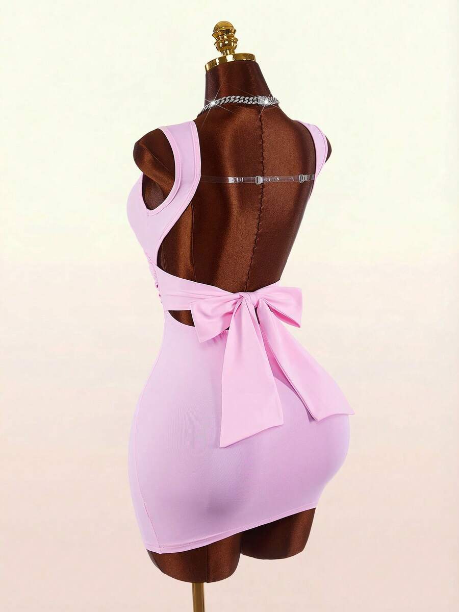 Women's pink square neck sleeveless mini dress with slim fit knitted fabric and bow detail