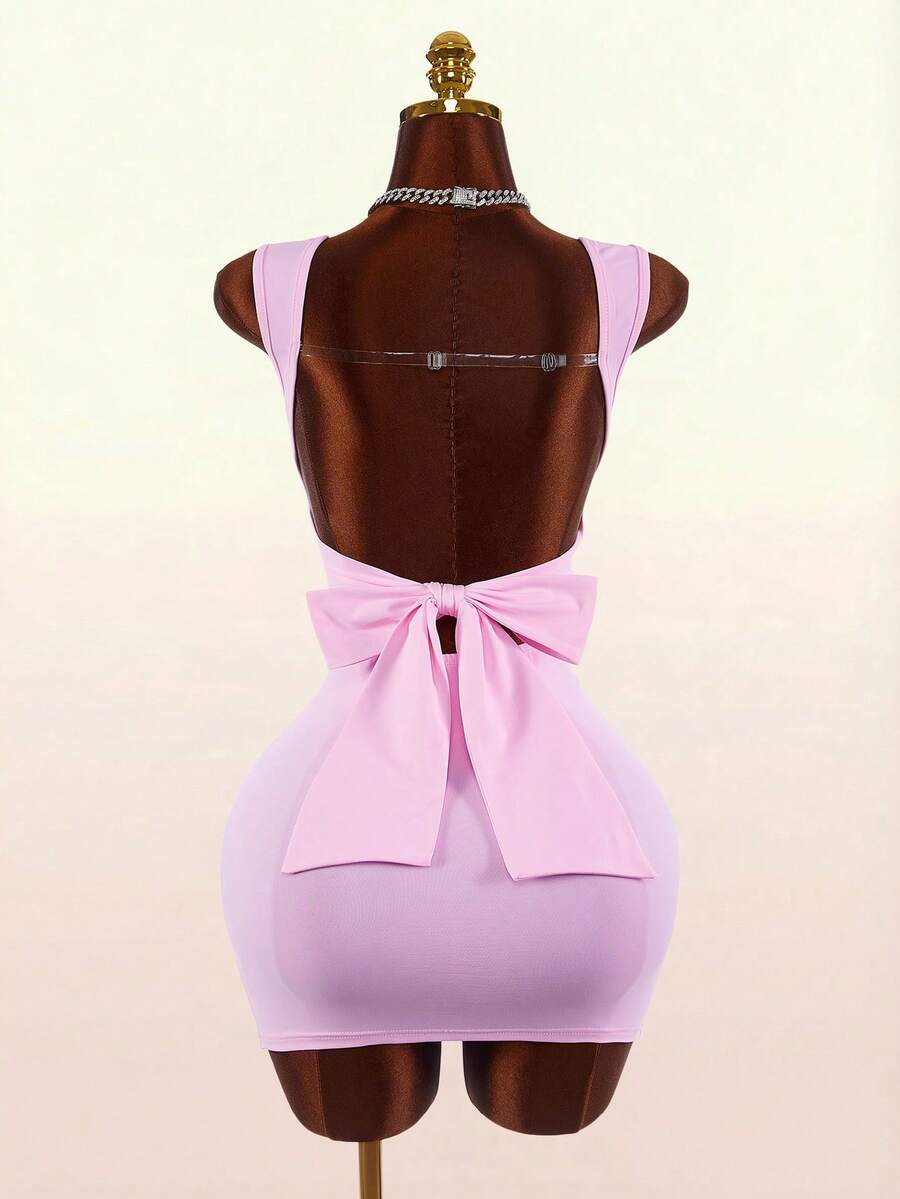 Women's pink square neck sleeveless mini dress with slim fit knitted fabric and bow detail