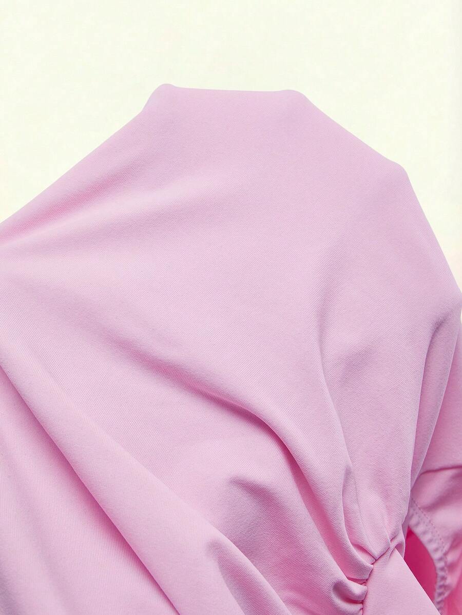 Women's pink square neck sleeveless mini dress with slim fit knitted fabric and bow detail