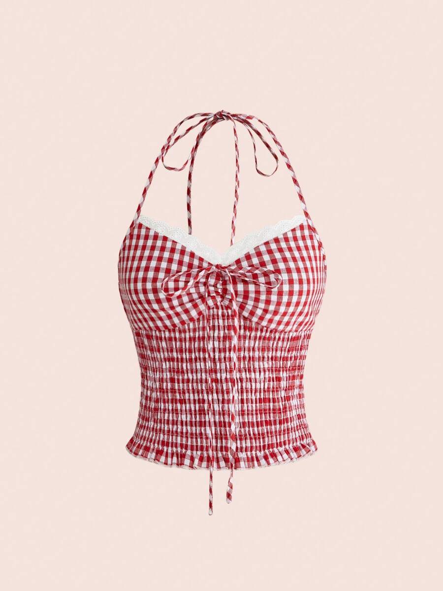 Black plaid halter crop tank top for women featuring a bow detail and slim fit design.