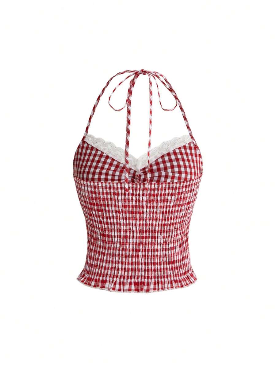 Black plaid halter crop tank top for women featuring a bow detail and slim fit design.