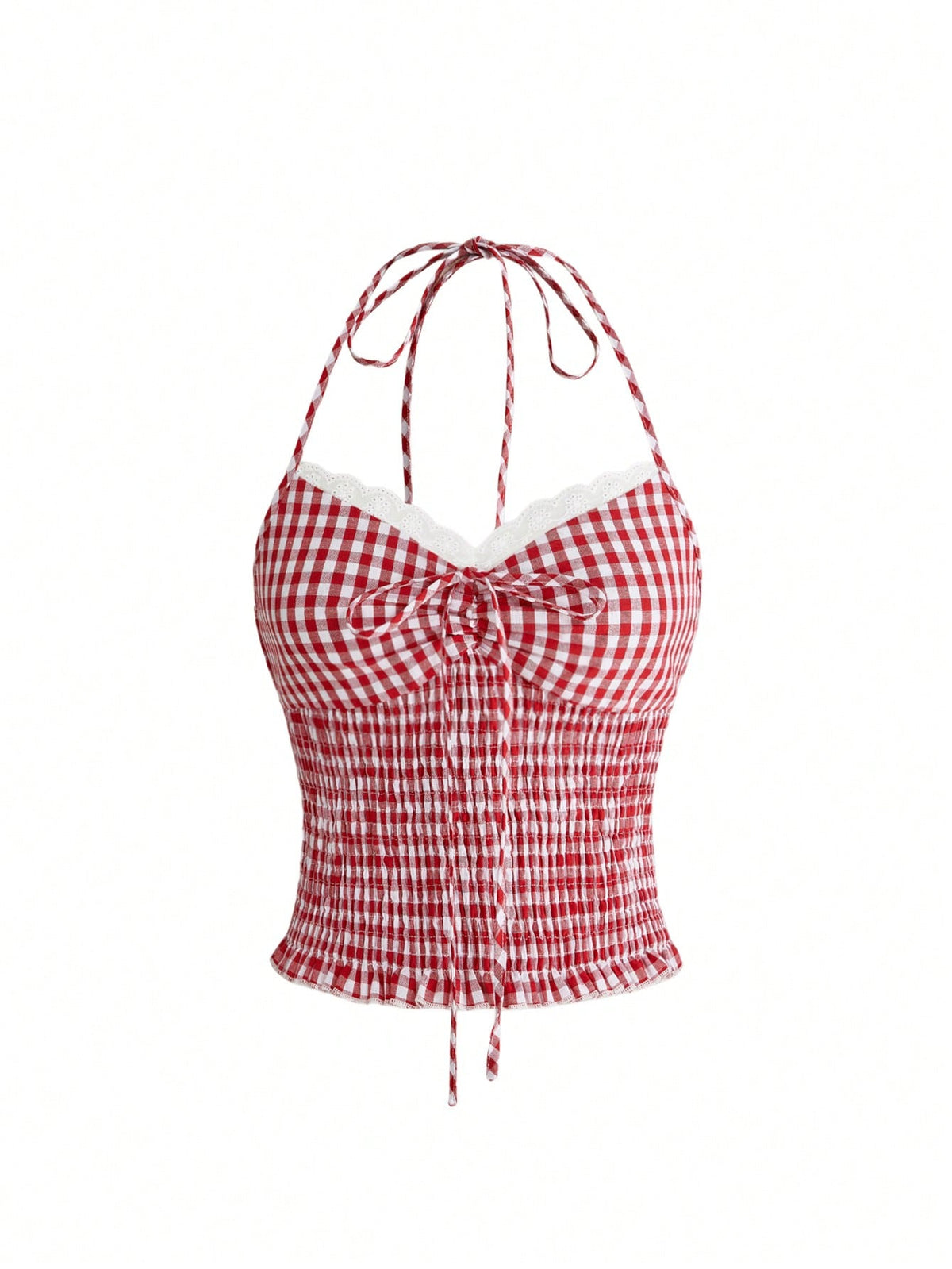 Black plaid halter crop tank top for women featuring a bow detail and slim fit design.