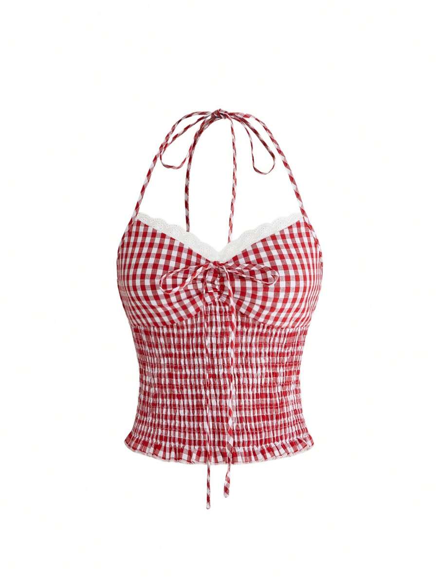 Black plaid halter crop tank top for women featuring a bow detail and slim fit design.