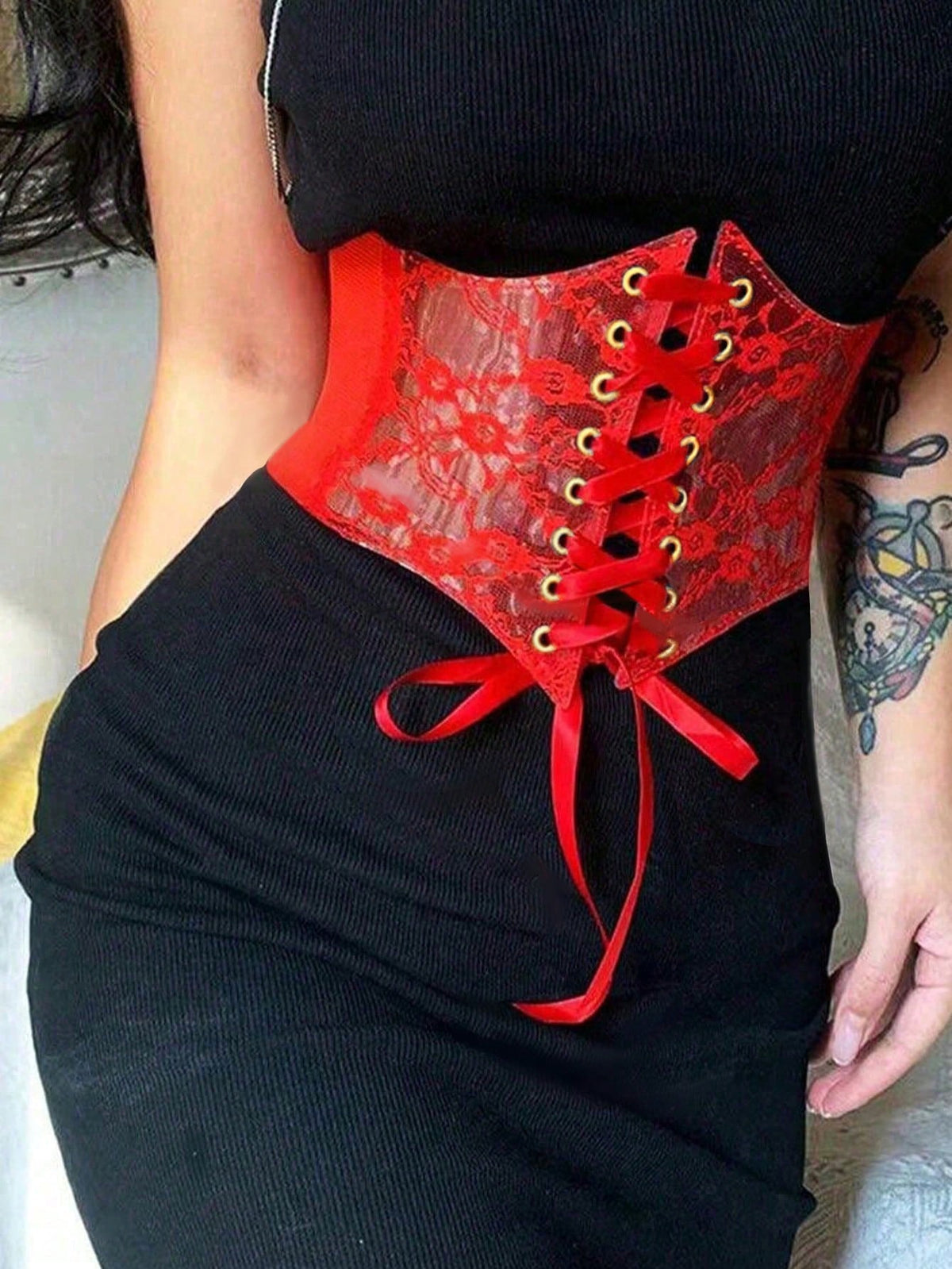 Black lace-up waist cincher with grommet eyelets, baroque pattern, medium stretch, and wide belt design for women.