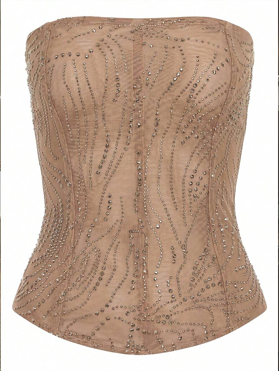 Black strapless corset tube top with sparkling rhinestone decor, boned silhouette, and lace-up tie back.