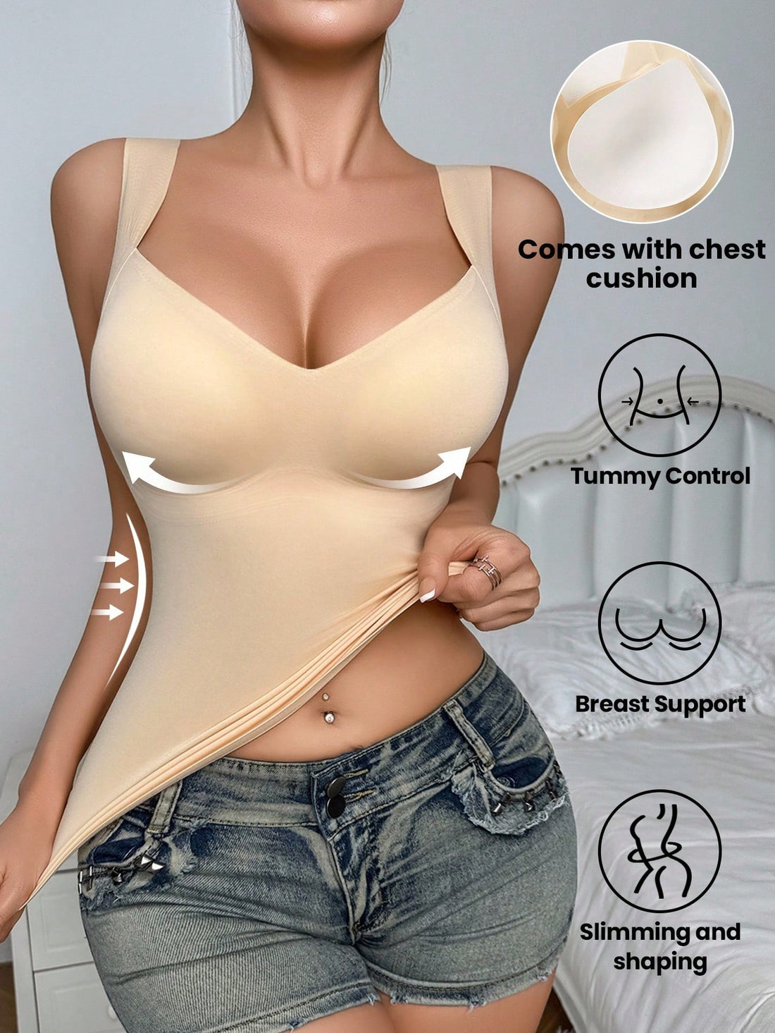 Women's apricot seamless shaping camisole top featuring removable padding, sleeveless pullover design, and high-stretch fabric for waist and abdomen control.