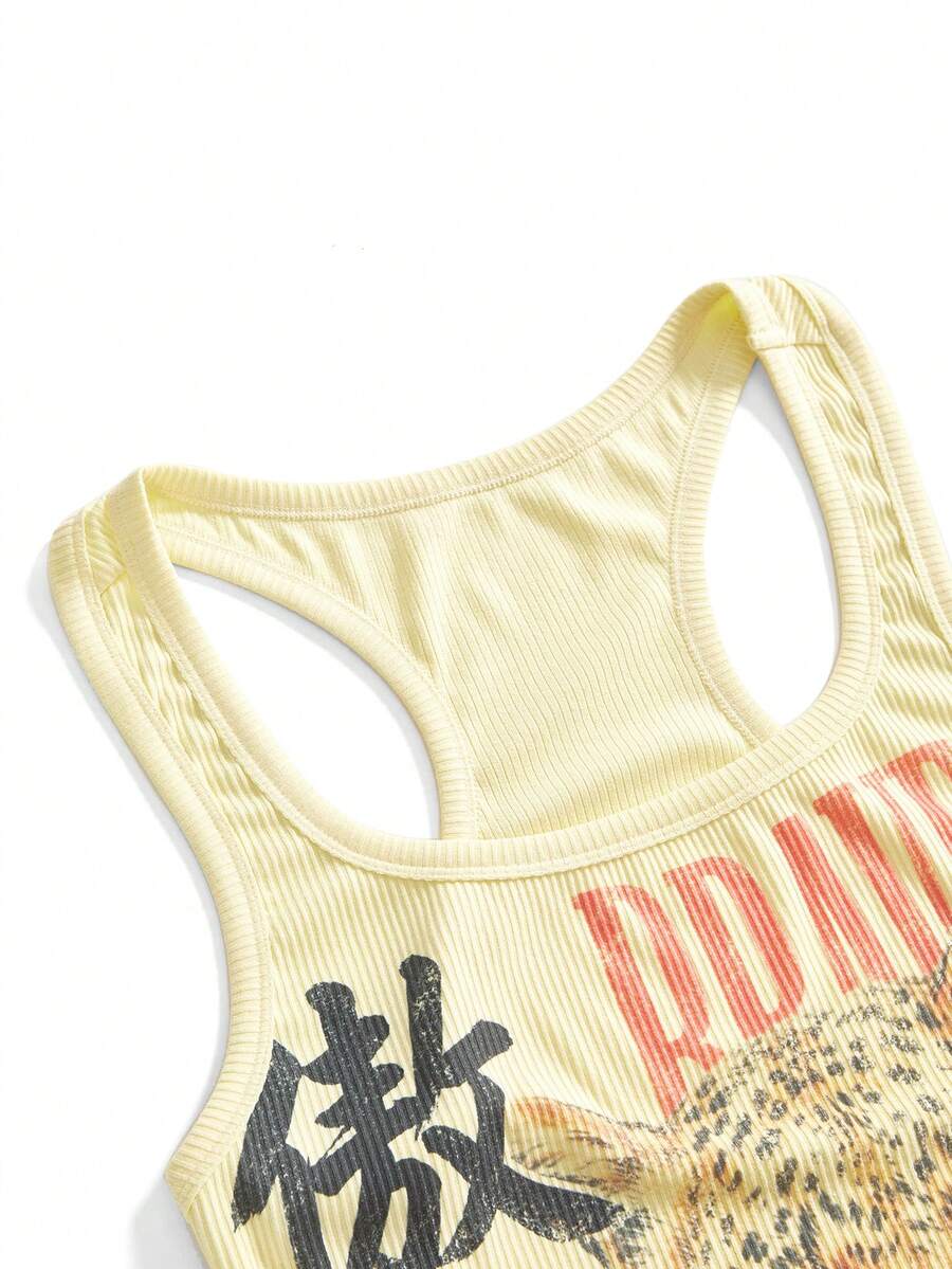 Black rib-knit scoop neck tank top featuring leopard print and graphic lettering for women.