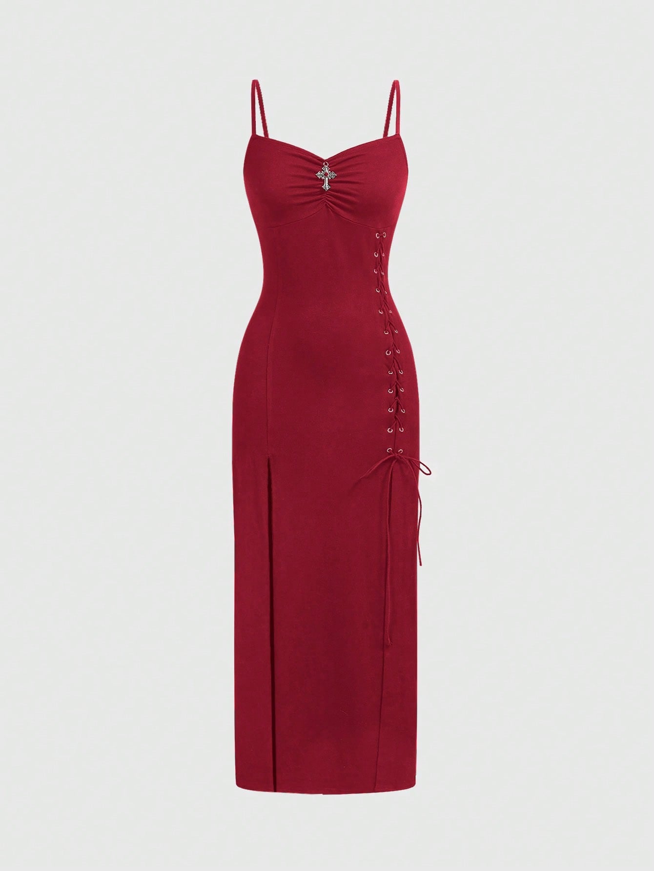 Black gothic bodycon slip dress featuring spaghetti straps, lace-up grommet eyelet accents, and a high split thigh hem.