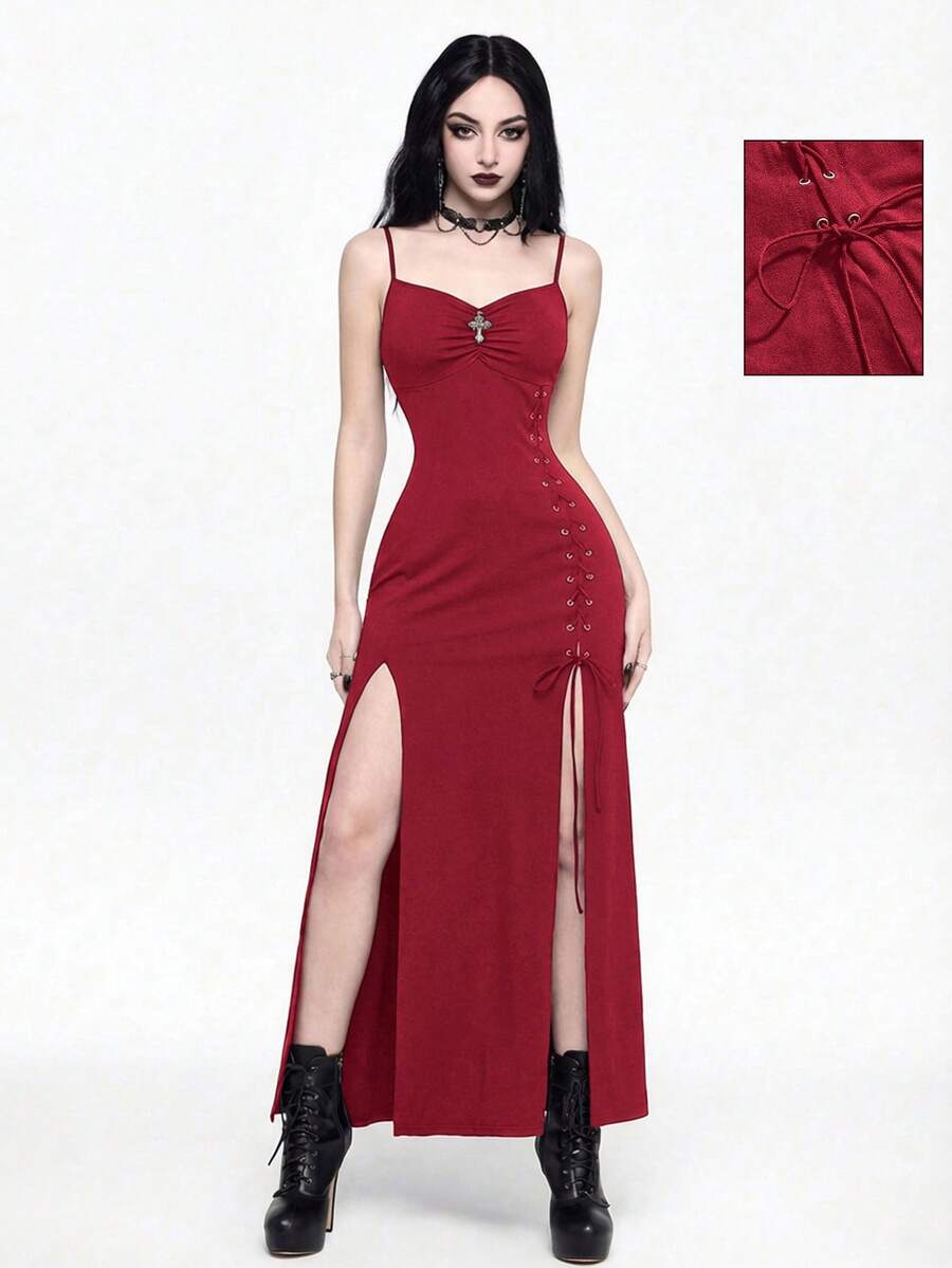 Black gothic bodycon slip dress featuring spaghetti straps, lace-up grommet eyelet accents, and a high split thigh hem.