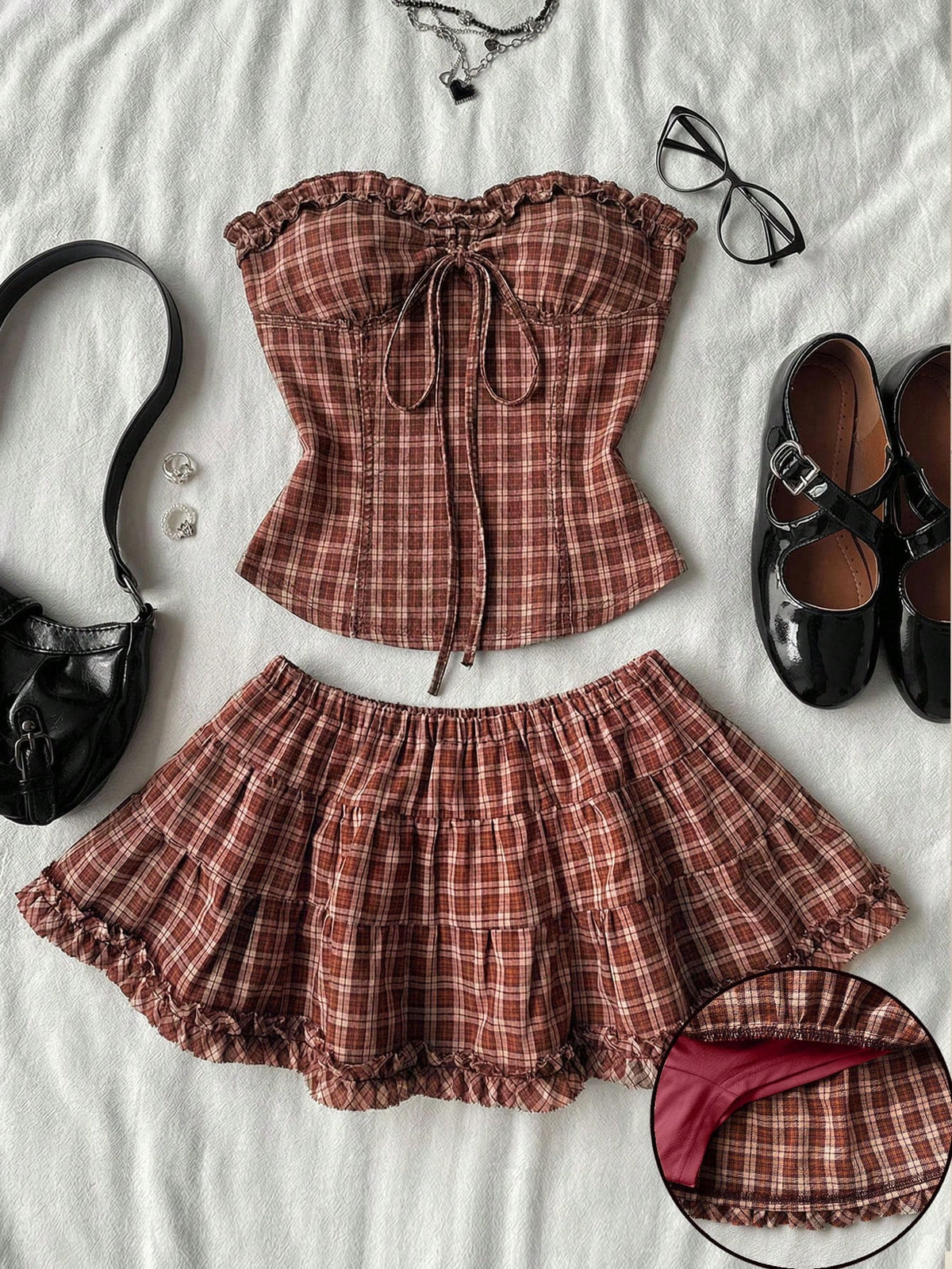 Black plain pleated frill trim low waist cotton skort for women