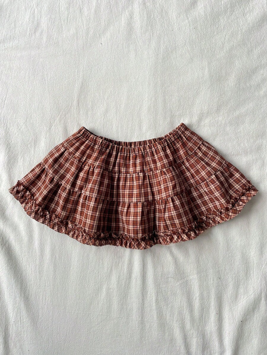 Black plain pleated frill trim low waist cotton skort for women
