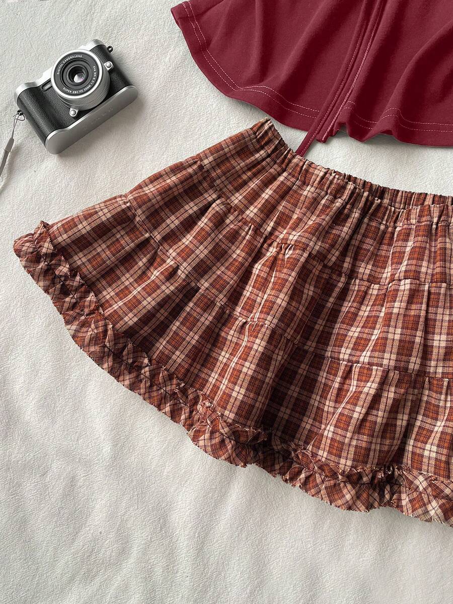 Black plain pleated frill trim low waist cotton skort for women