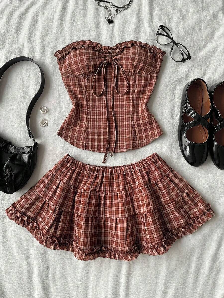 Black plain pleated frill trim low waist cotton skort for women