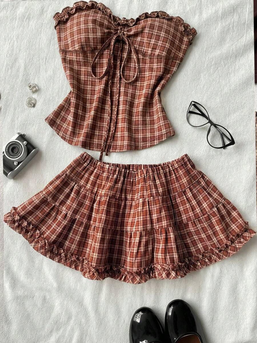 Black plain pleated frill trim low waist cotton skort for women