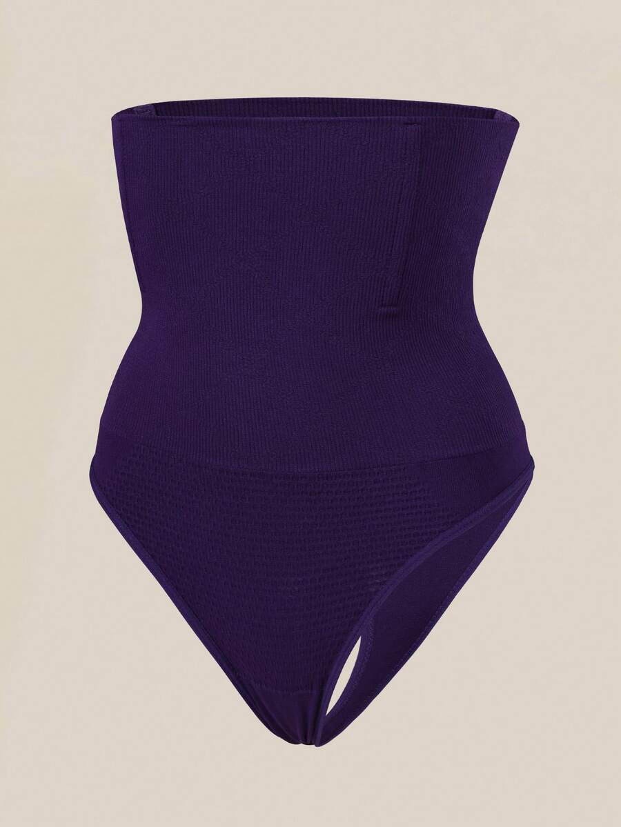 Black high waist seamless tummy control panties for women featuring high-stretch knitted fabric and contrast mesh details.