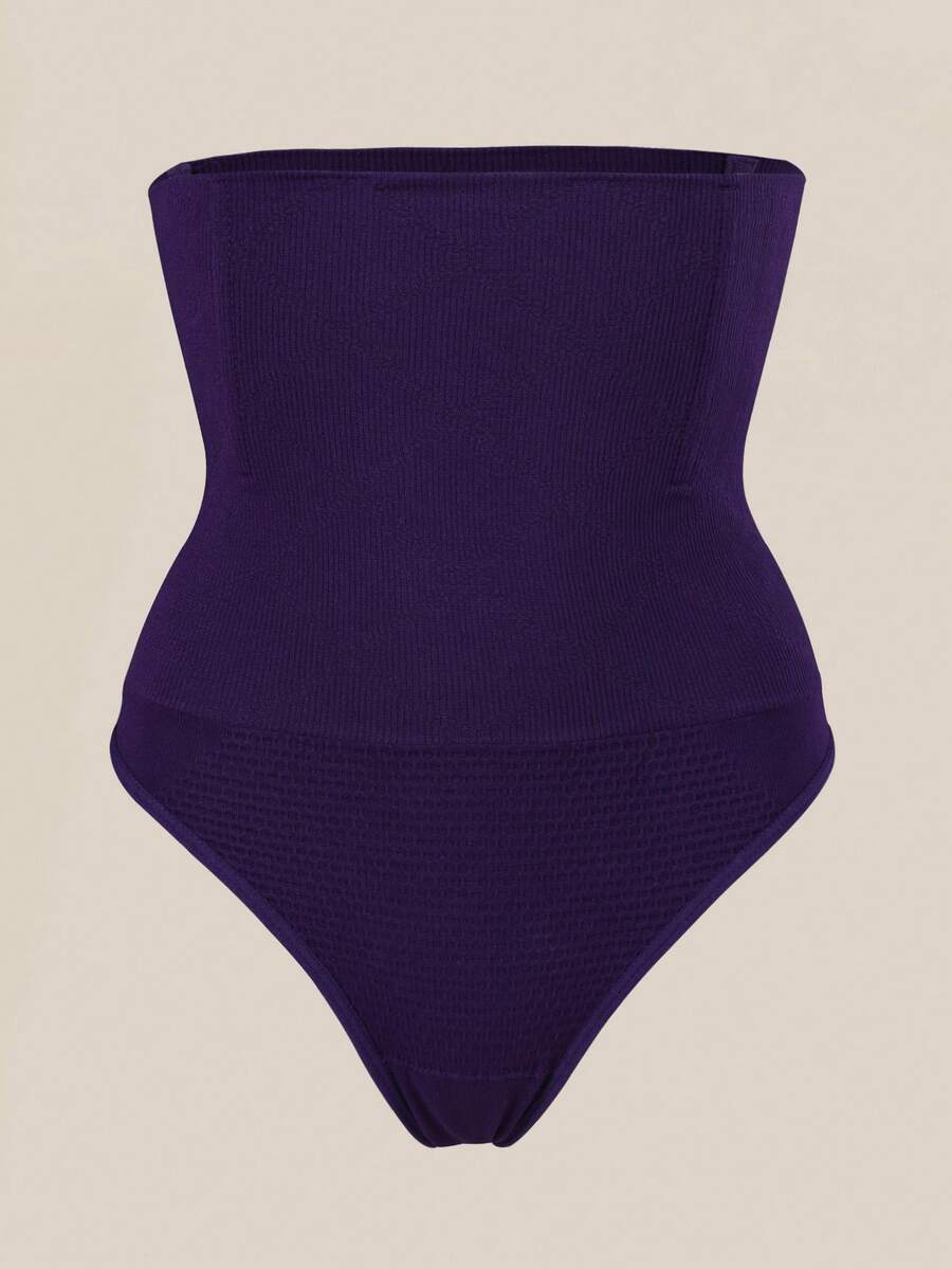 Black high waist seamless tummy control panties for women featuring high-stretch knitted fabric and contrast mesh details.
