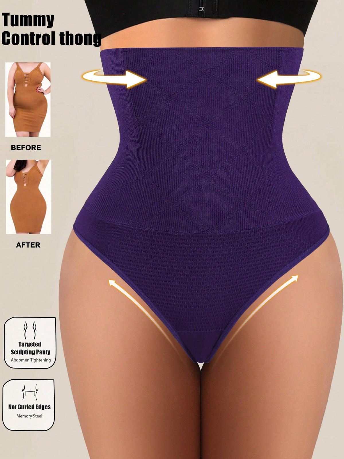Black high waist seamless tummy control panties for women featuring high-stretch knitted fabric and contrast mesh details.