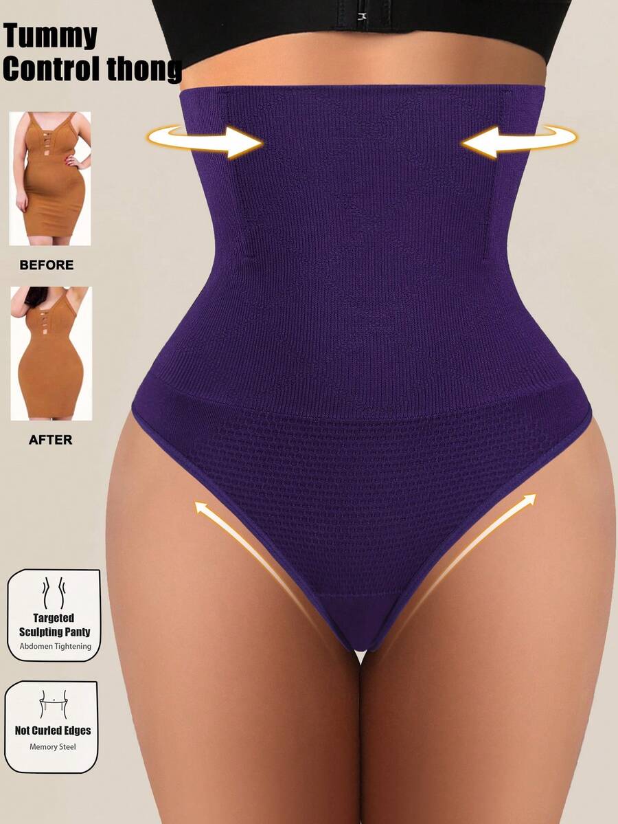 Black high waist seamless tummy control panties for women featuring high-stretch knitted fabric and contrast mesh details.