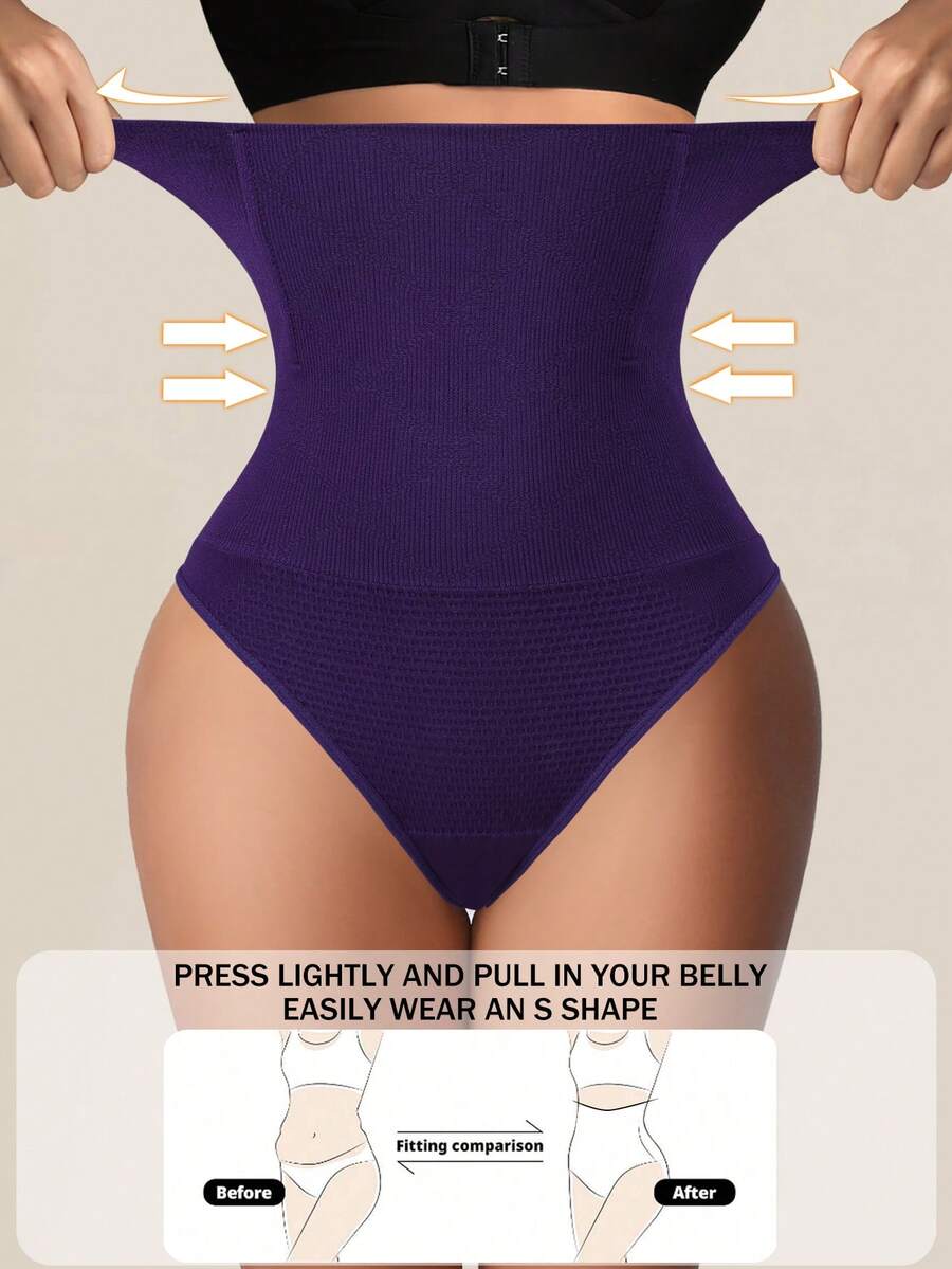 Black high waist seamless tummy control panties for women featuring high-stretch knitted fabric and contrast mesh details.