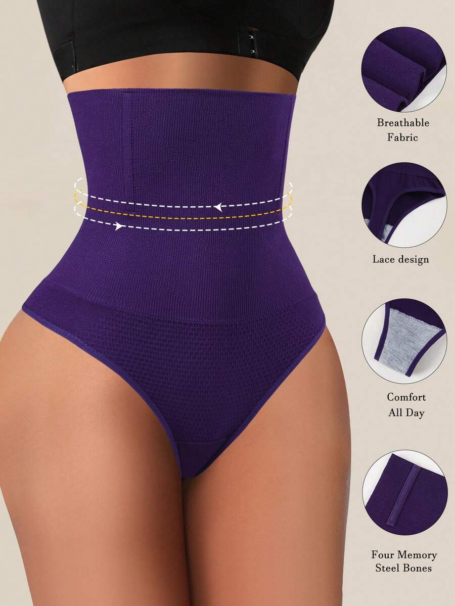Black high waist seamless tummy control panties for women featuring high-stretch knitted fabric and contrast mesh details.