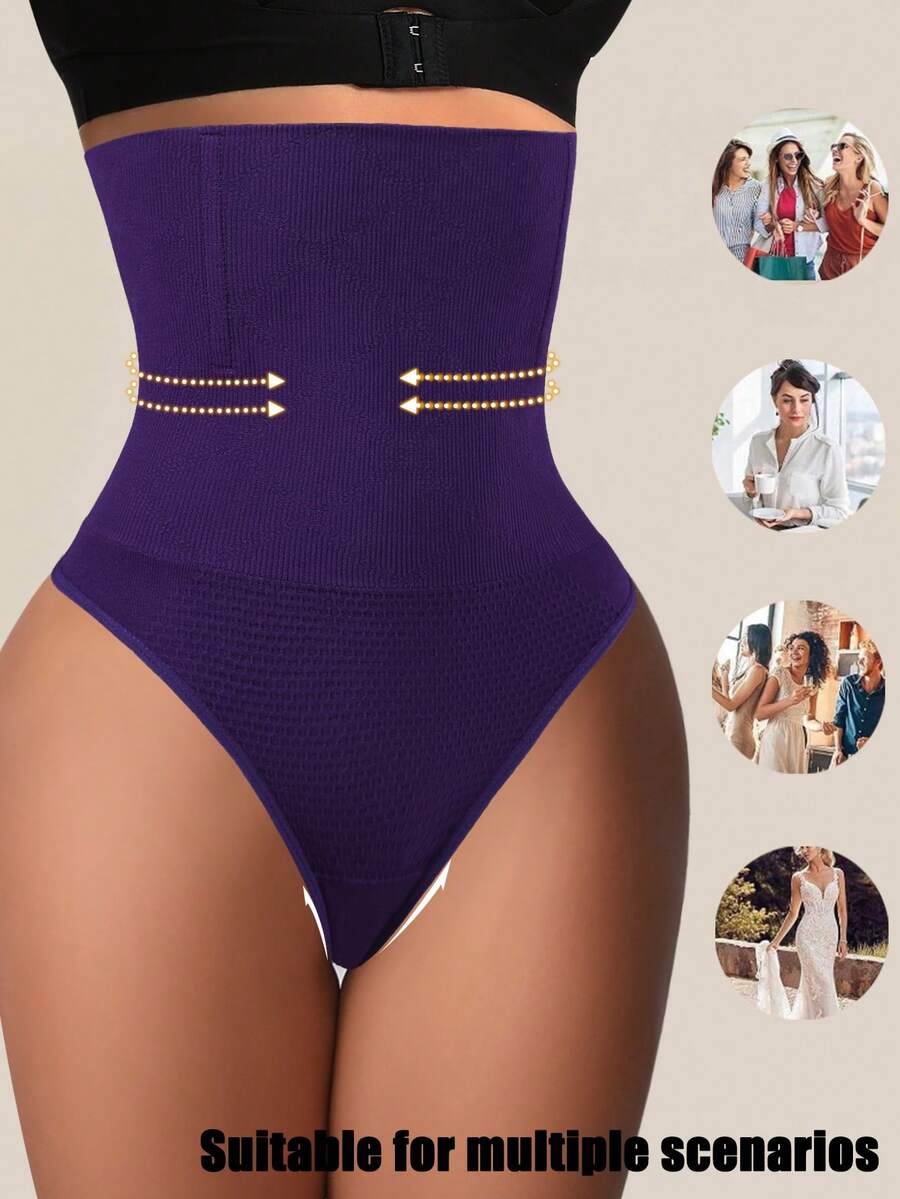 Black high waist seamless tummy control panties for women featuring high-stretch knitted fabric and contrast mesh details.