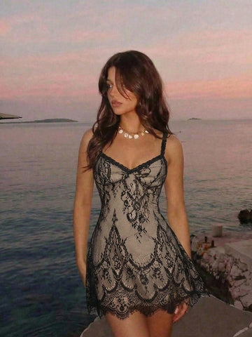 Skyraze women's lace waist-cinching cami dress featuring spaghetti straps, a high waist, and slim fit design.