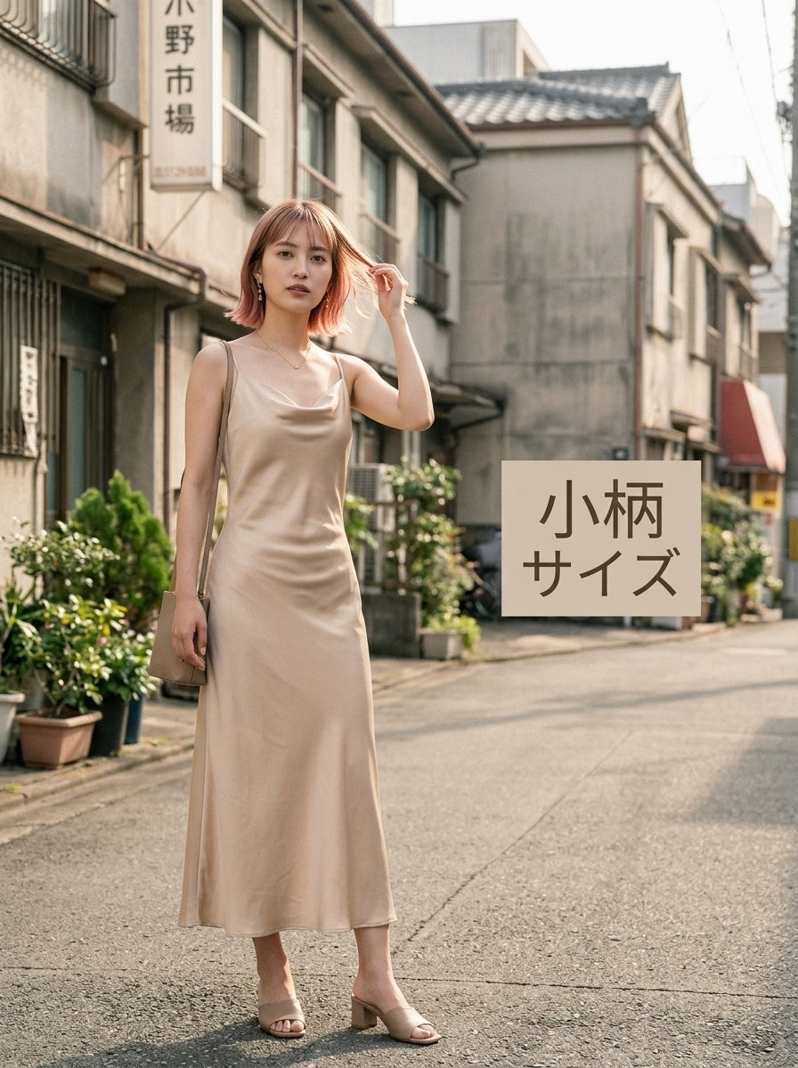 Women's long apricot satin cami dress featuring a draped swing collar, spaghetti straps, backless zipper back, and mermaid hem.