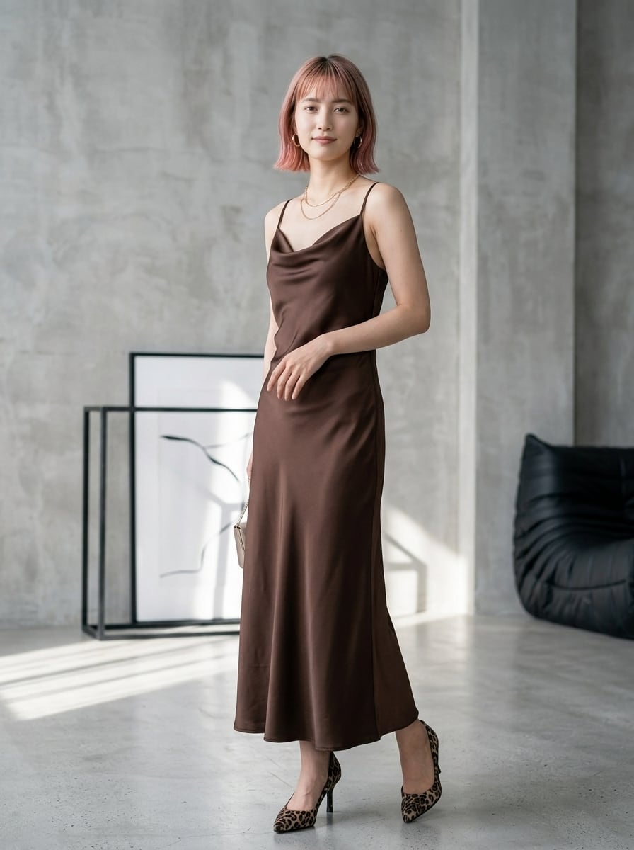 Women's long apricot satin cami dress featuring a draped swing collar, spaghetti straps, backless zipper back, and mermaid hem.