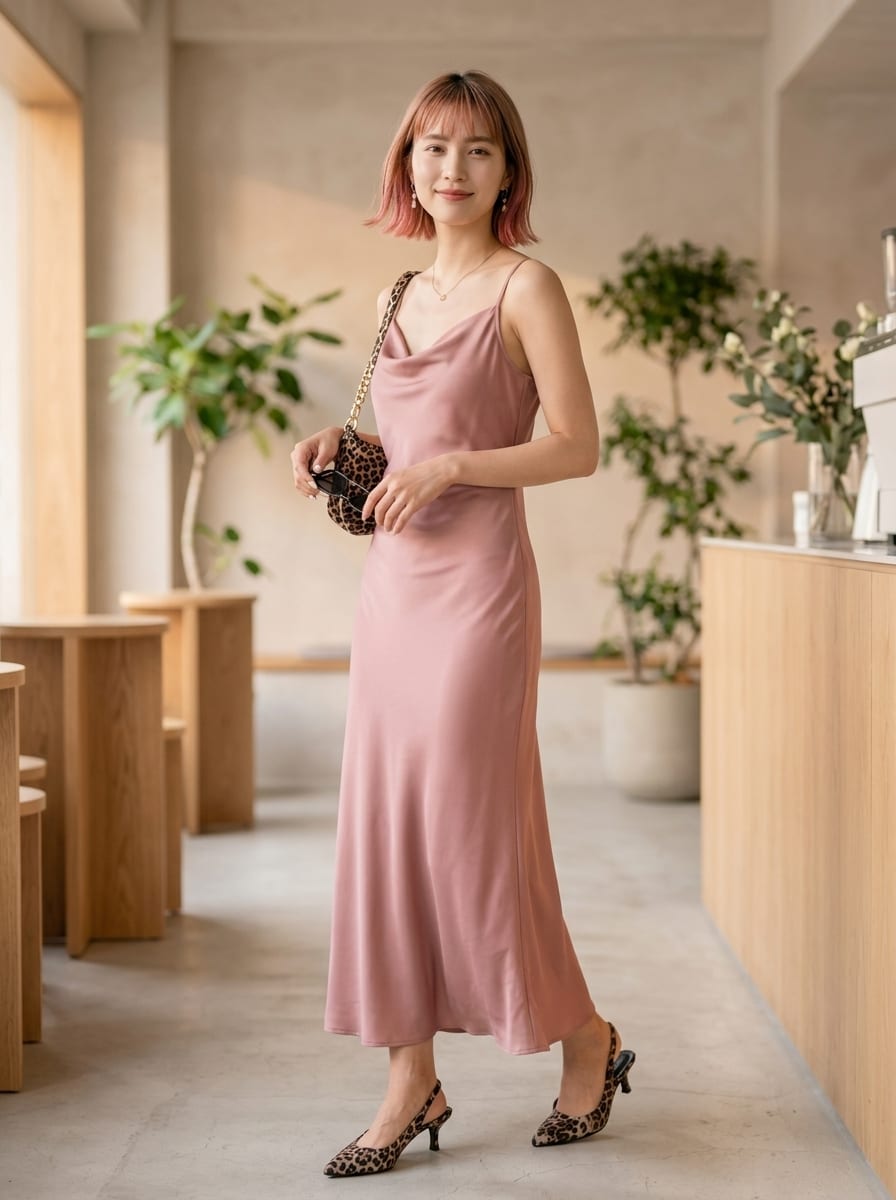 Women's long apricot satin cami dress featuring a draped swing collar, spaghetti straps, backless zipper back, and mermaid hem.
