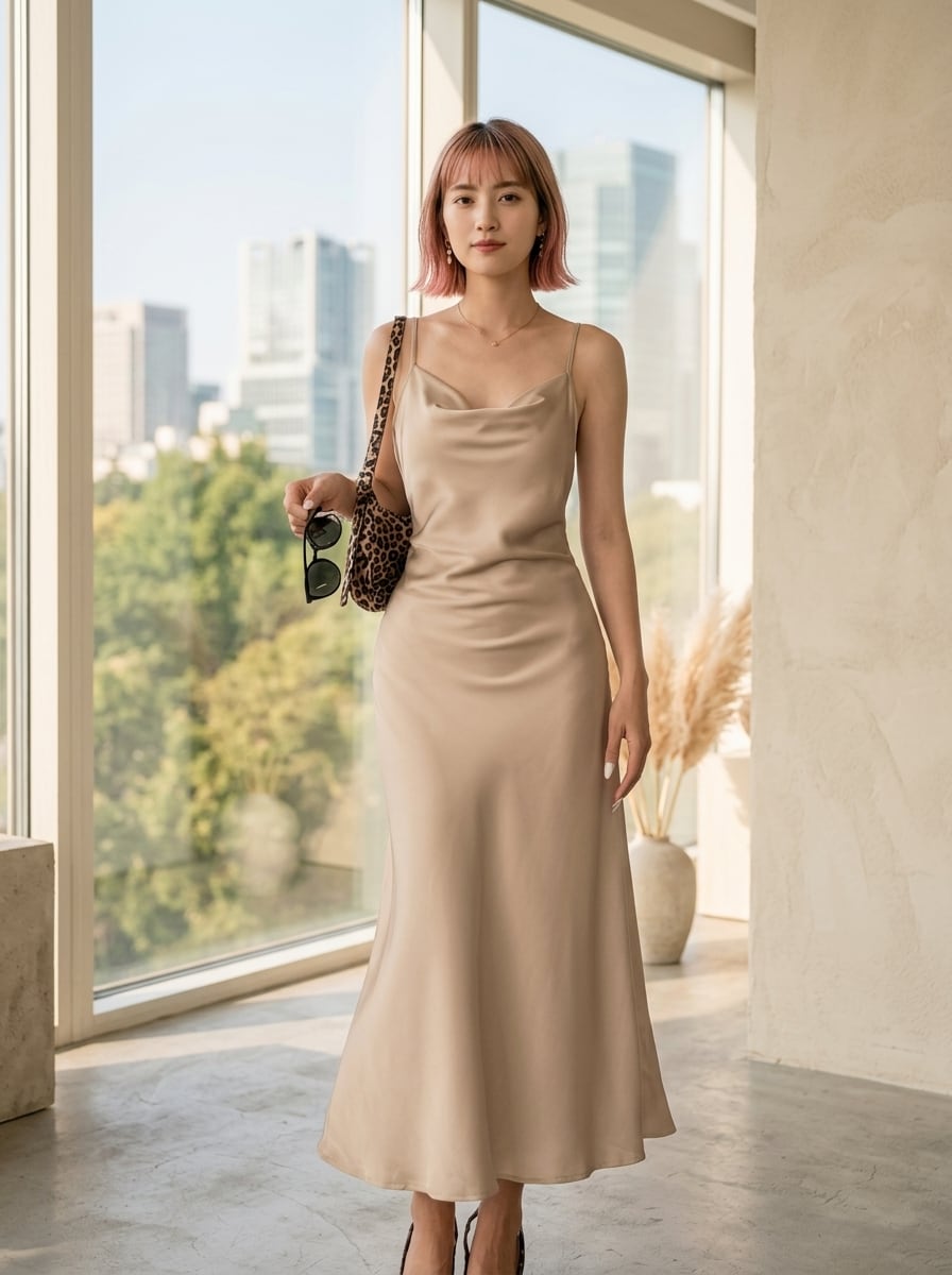 Women's long apricot satin cami dress featuring a draped swing collar, spaghetti straps, backless zipper back, and mermaid hem.