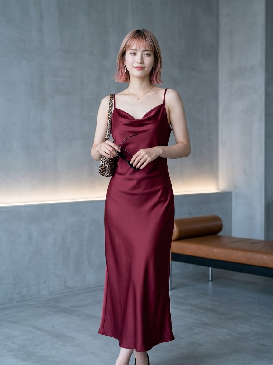 Women's long apricot satin cami dress featuring a draped swing collar, spaghetti straps, backless zipper back, and mermaid hem.