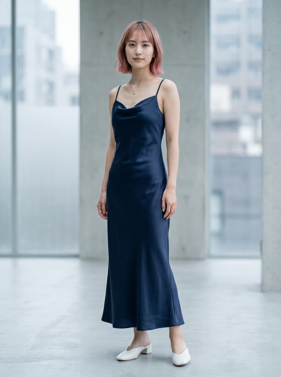 Women's long apricot satin cami dress featuring a draped swing collar, spaghetti straps, backless zipper back, and mermaid hem.
