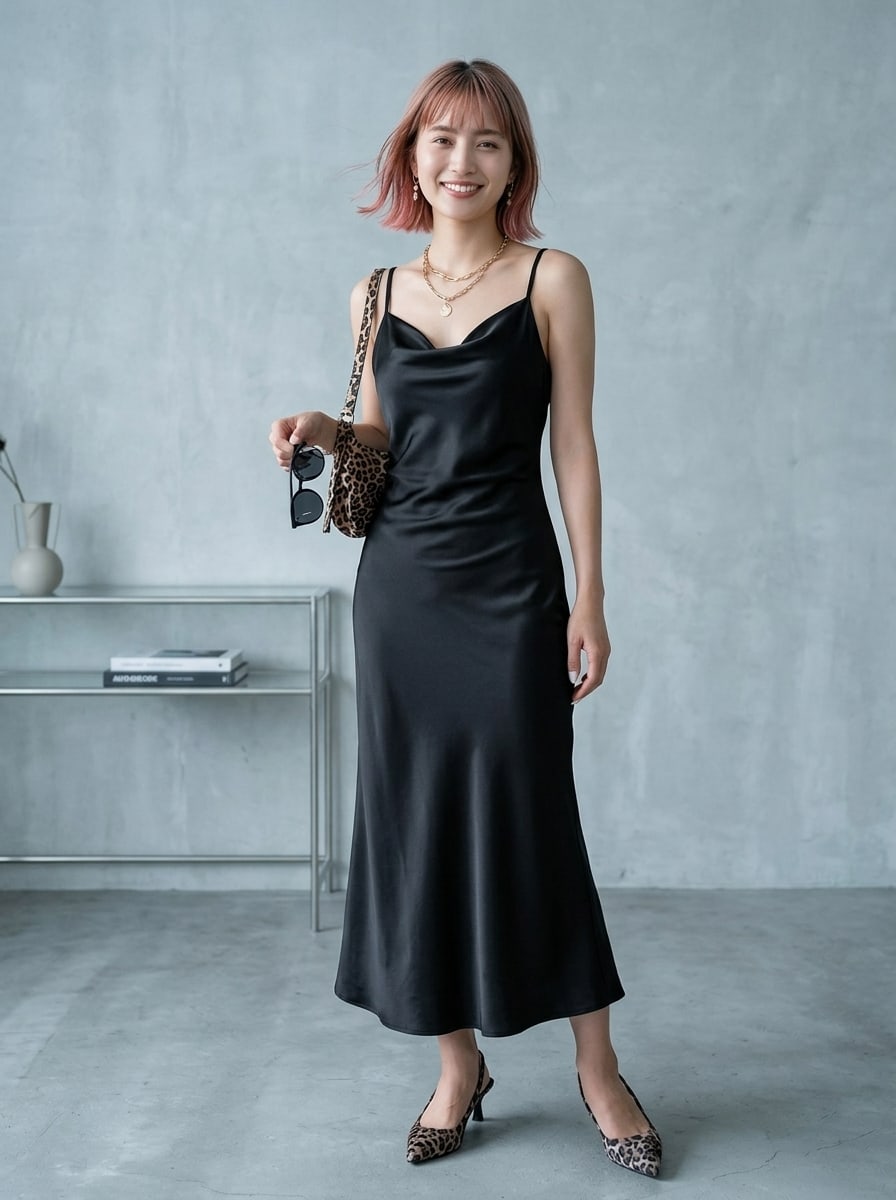 Women's long apricot satin cami dress featuring a draped swing collar, spaghetti straps, backless zipper back, and mermaid hem.