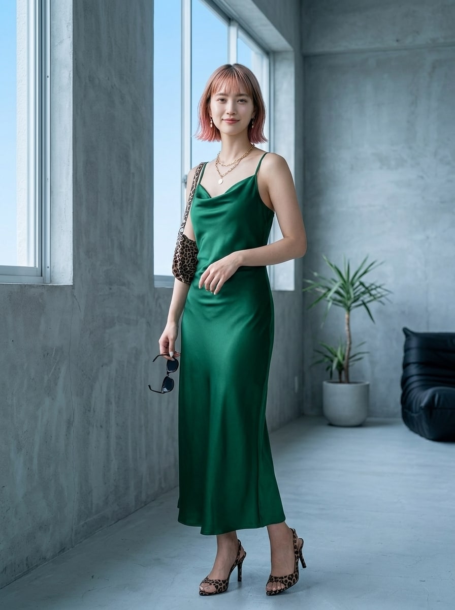 Women's long apricot satin cami dress featuring a draped swing collar, spaghetti straps, backless zipper back, and mermaid hem.