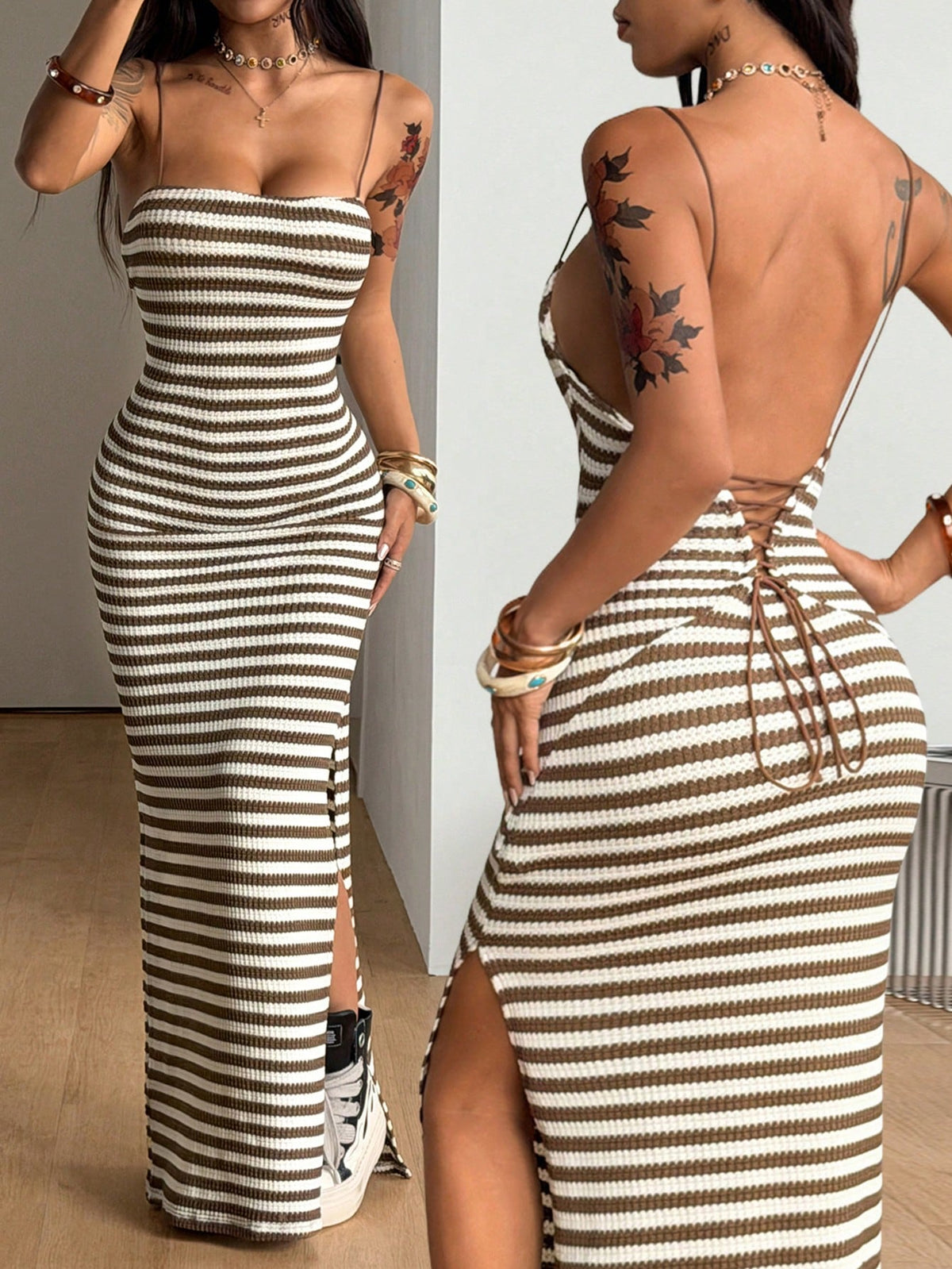 Women's Y2K backless spaghetti strap maxi dress featuring a lace-up back and high split thigh in black knitted fabric.