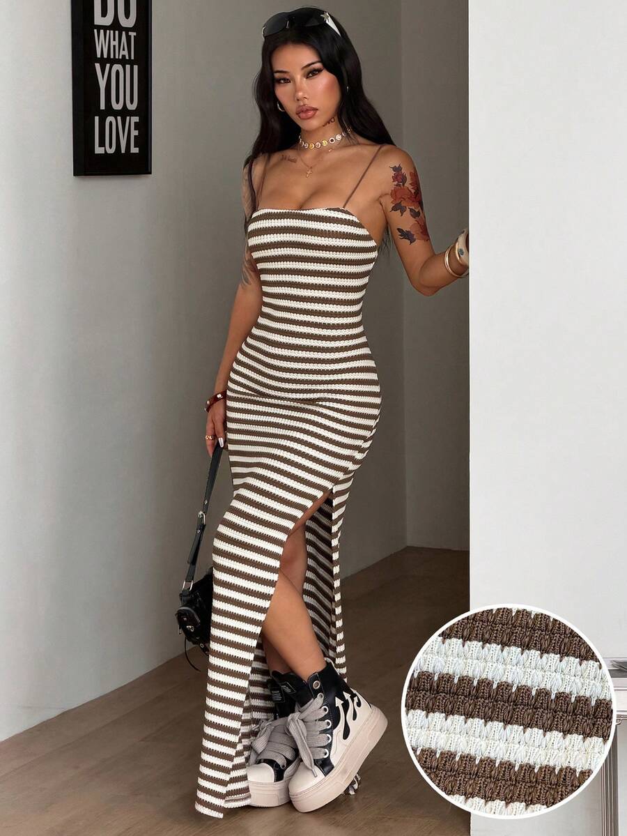 Women's Y2K backless spaghetti strap maxi dress featuring a lace-up back and high split thigh in black knitted fabric.