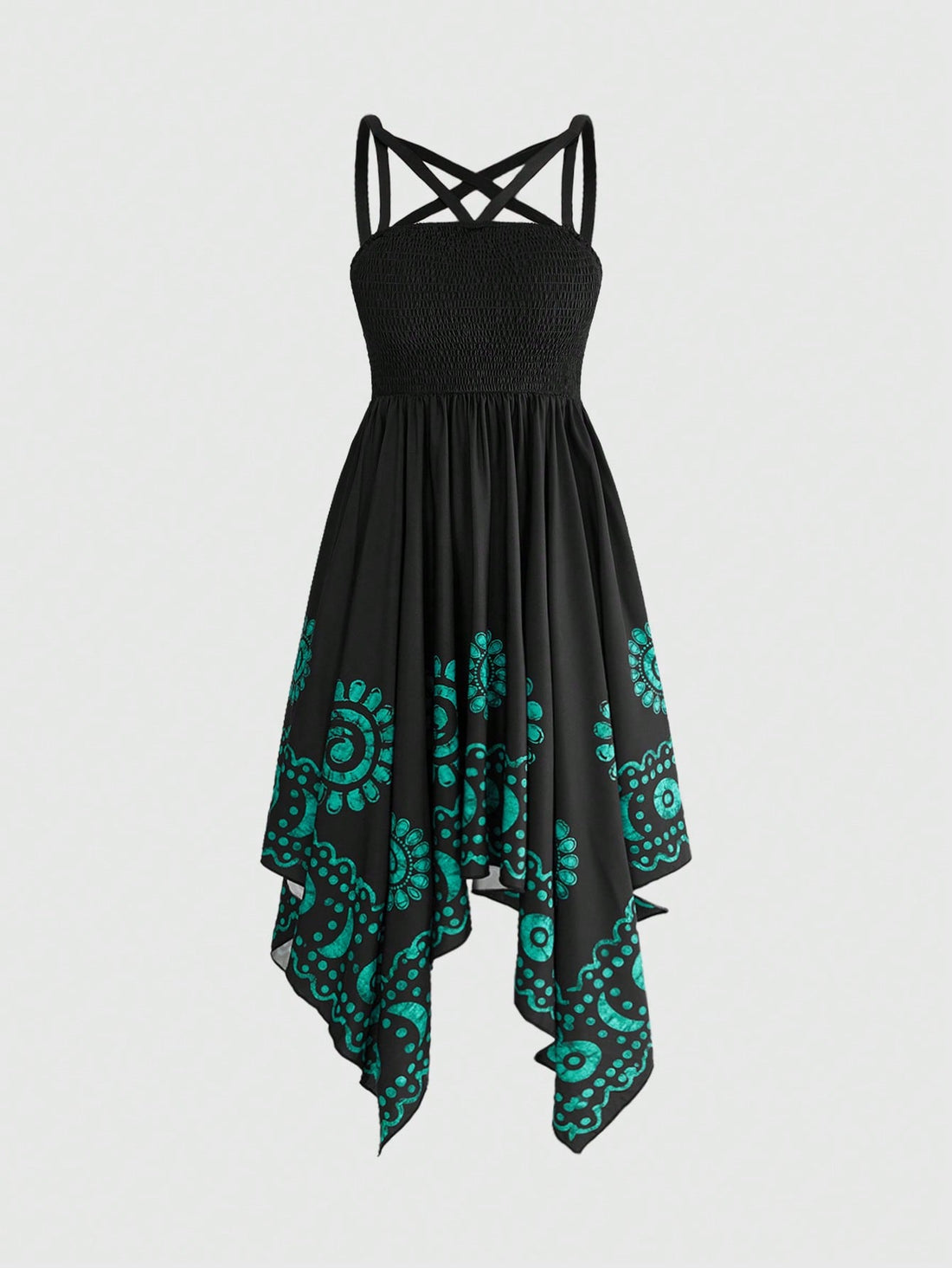 Black sleeveless cami maxi dress with gothic hexagram print, spaghetti straps, high waist, embroidery details, and asymmetrical hem for women.