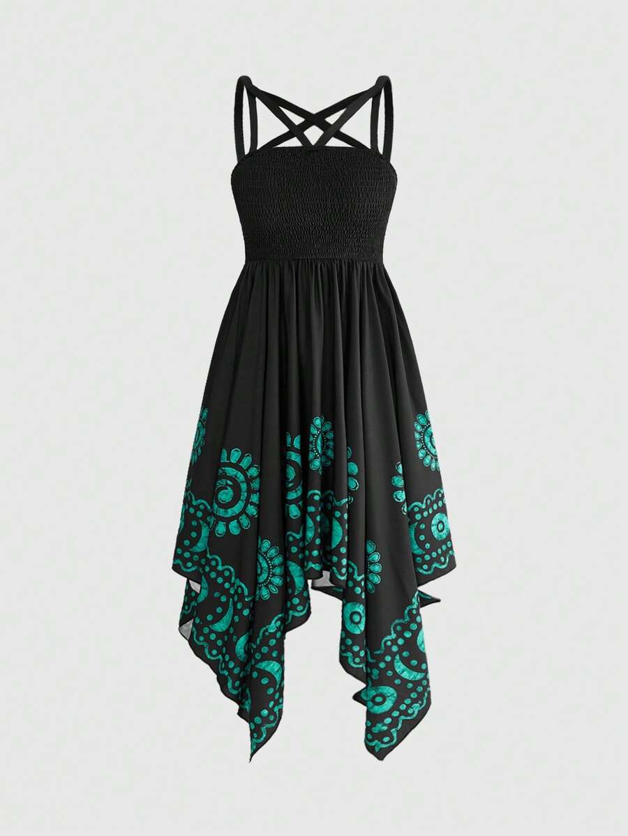 Black sleeveless cami maxi dress with gothic hexagram print, spaghetti straps, high waist, embroidery details, and asymmetrical hem for women.
