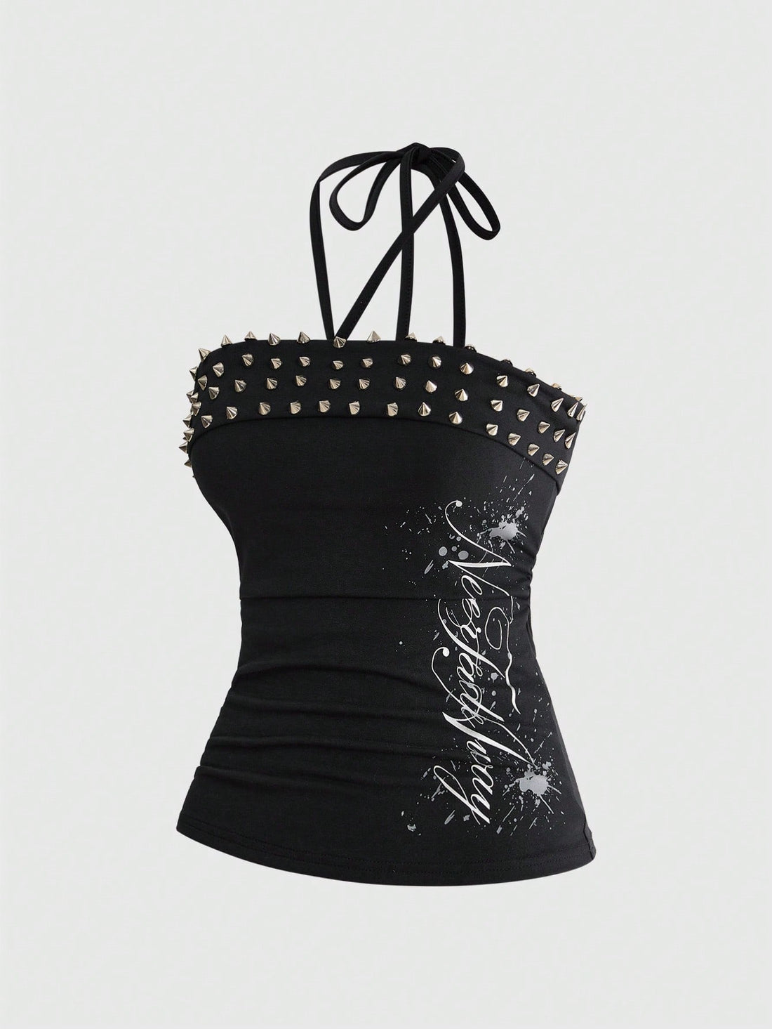 Women's sleeveless halter cropped camisole top in black with graphic slogan print and studded detailing.