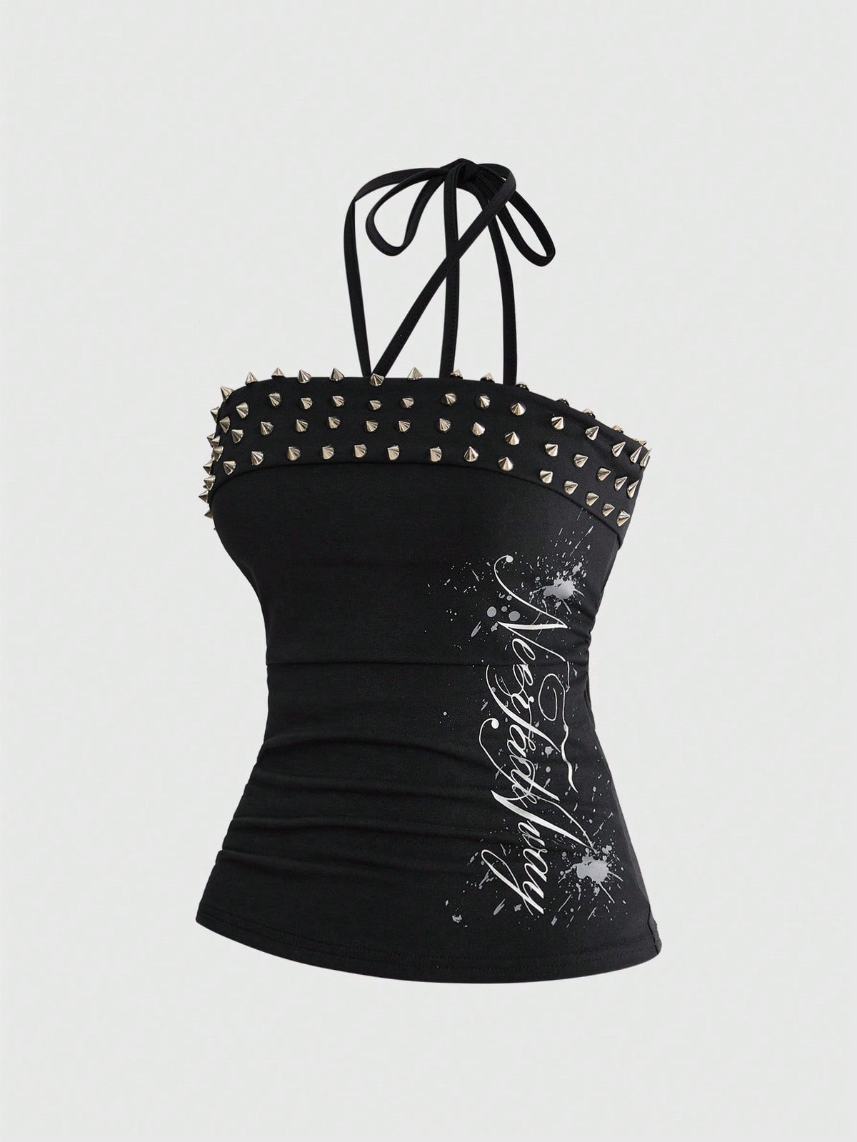 Women's sleeveless halter cropped camisole top in black with graphic slogan print and studded detailing.