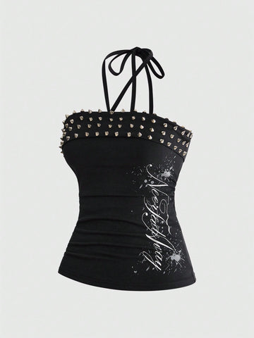 Women's sleeveless halter cropped camisole top in black with graphic slogan print and studded detailing.