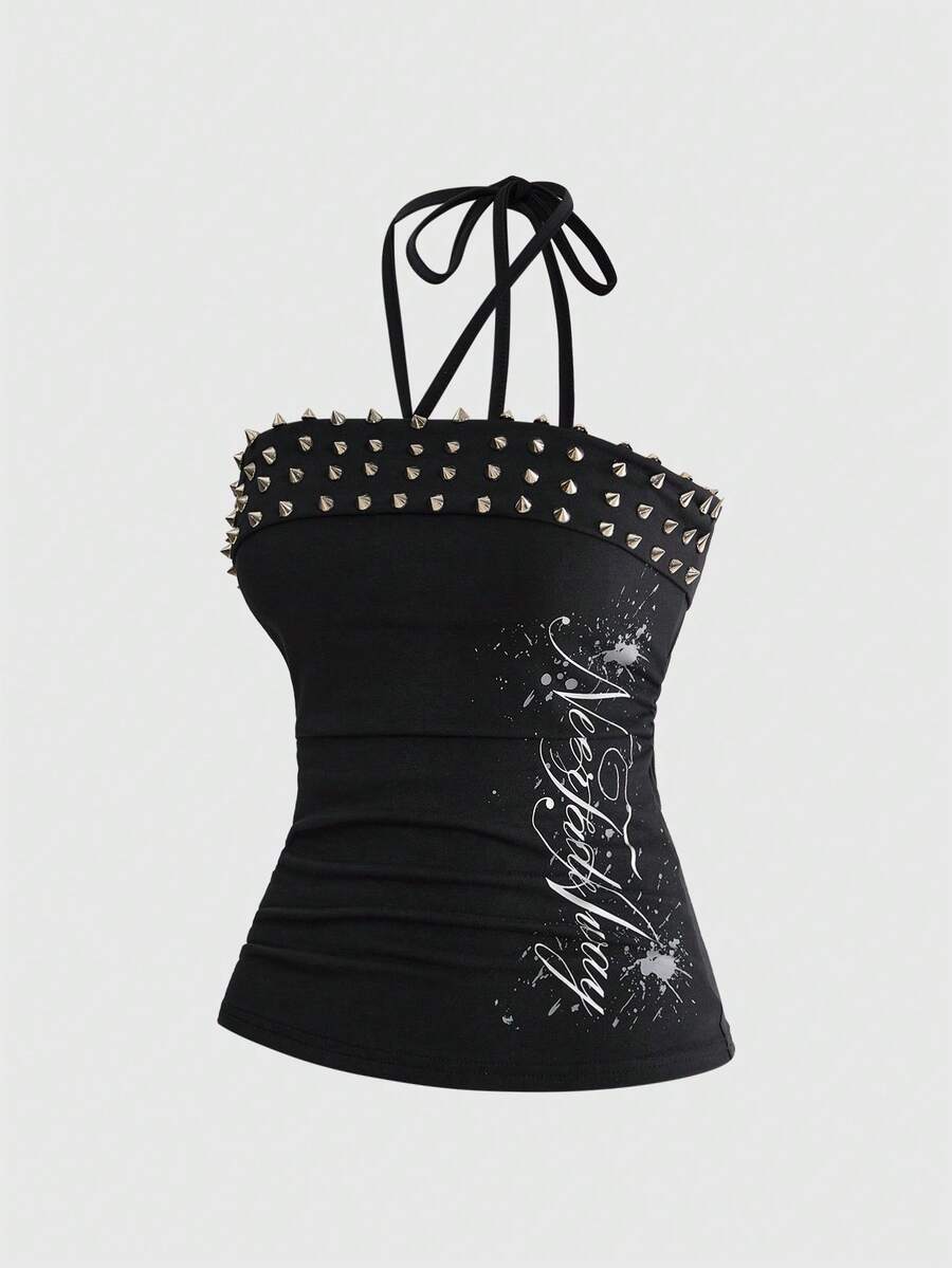 Women's sleeveless halter cropped camisole top in black with graphic slogan print and studded detailing.