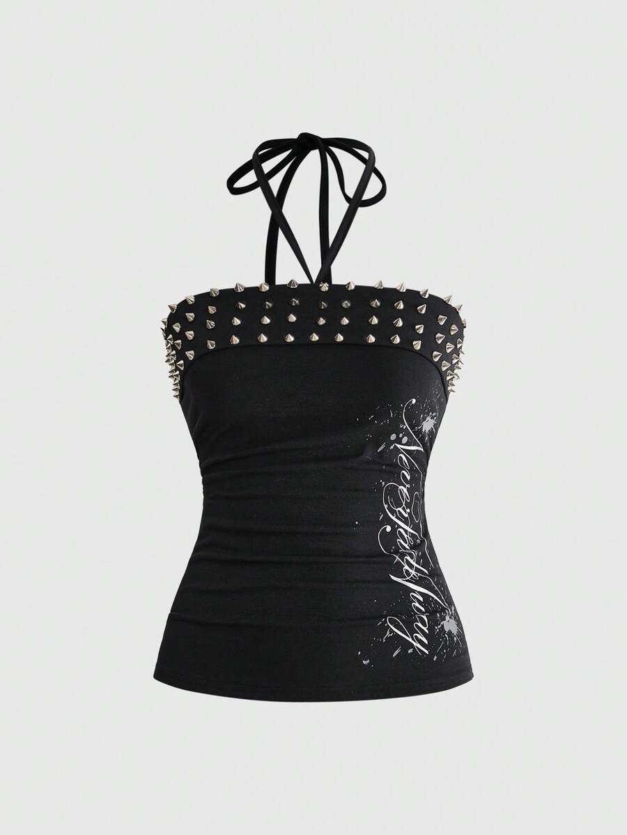 Women's sleeveless halter cropped camisole top in black with graphic slogan print and studded detailing.