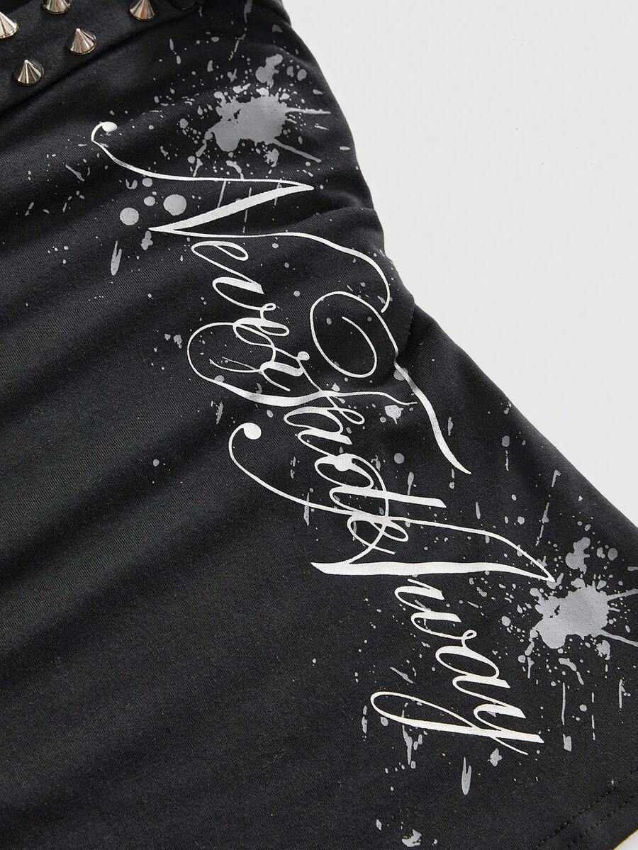 Women's sleeveless halter cropped camisole top in black with graphic slogan print and studded detailing.