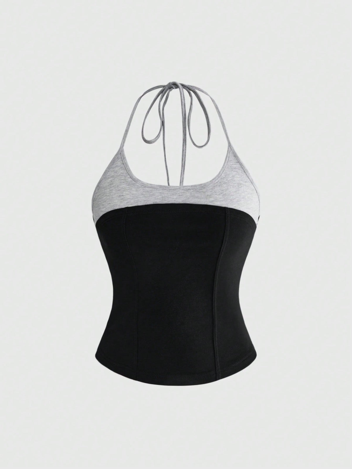 Women's black halter slim fit camisole top featuring a colorblock 2-in-1 design in soft knitted fabric.